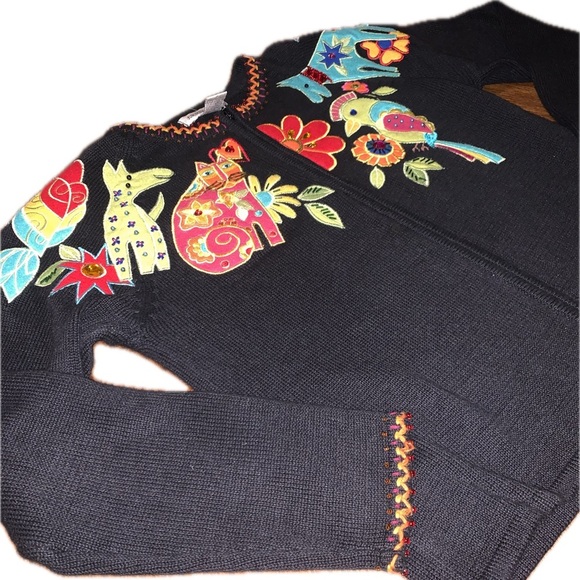 Arriviste Vintage Beaded Embroidered Cat Dog Animals Birds Sweater Small Zip Up - Picture 6 of 17